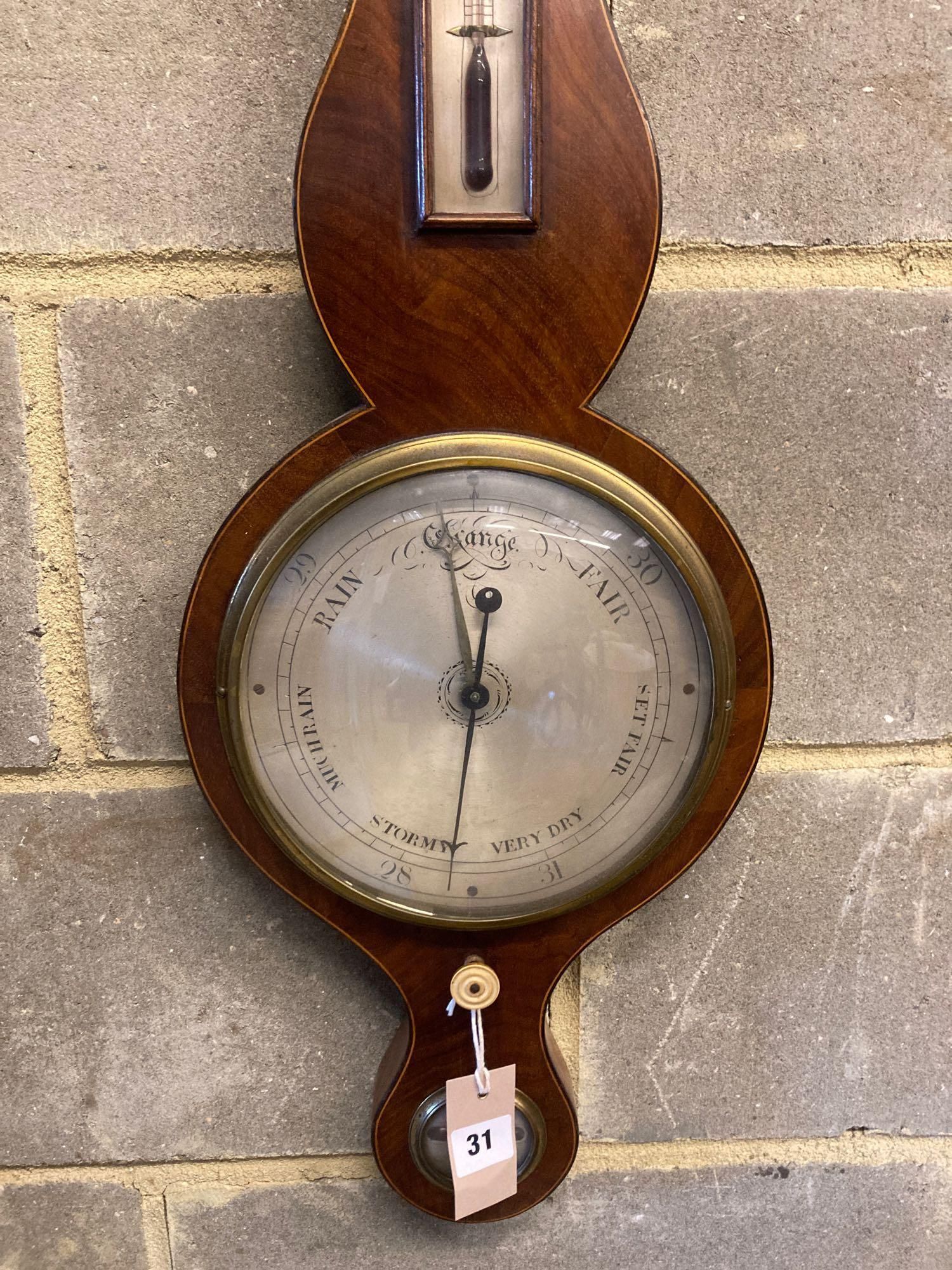 A Regency inlaid mahogany wheel barometer, by P. Bouffler of London